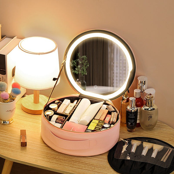 Circular Cosmetic Bag With Mirror & Light