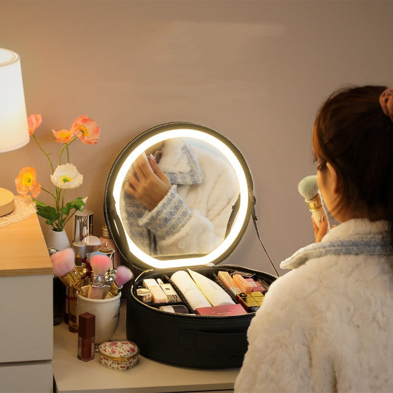 Circular Cosmetic Bag With Mirror & Light